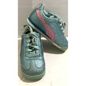 Puma Toddler Girls Baby Shoes size 7C Blue Glitter  Sparkle Kinder-Fit Sneakers